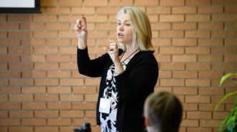 Kathy Hobgood, director of University Housing & Dining, speaks during the 2019 President's Leadership Institute