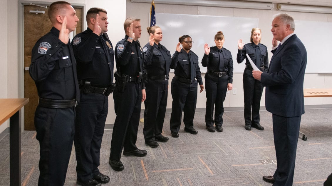 Chief of Police Greg Mullen swears in members of the Clemson University Police Department in 2019