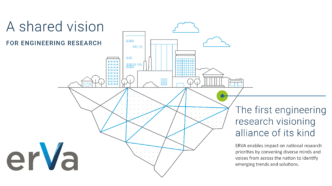 The graphic shows an illustrated group of buildings with the words "A shared vision for engineering research" written in the top left corner and the the acronym ERVA in the bottom left corner. Text at the bottom right corner of the image says "The first engineering research visioning alliance of its kind. ERVA enables impact on national researcher priorities by convening diverse minds and voices from across the nation to identify emerging trends and solutions."