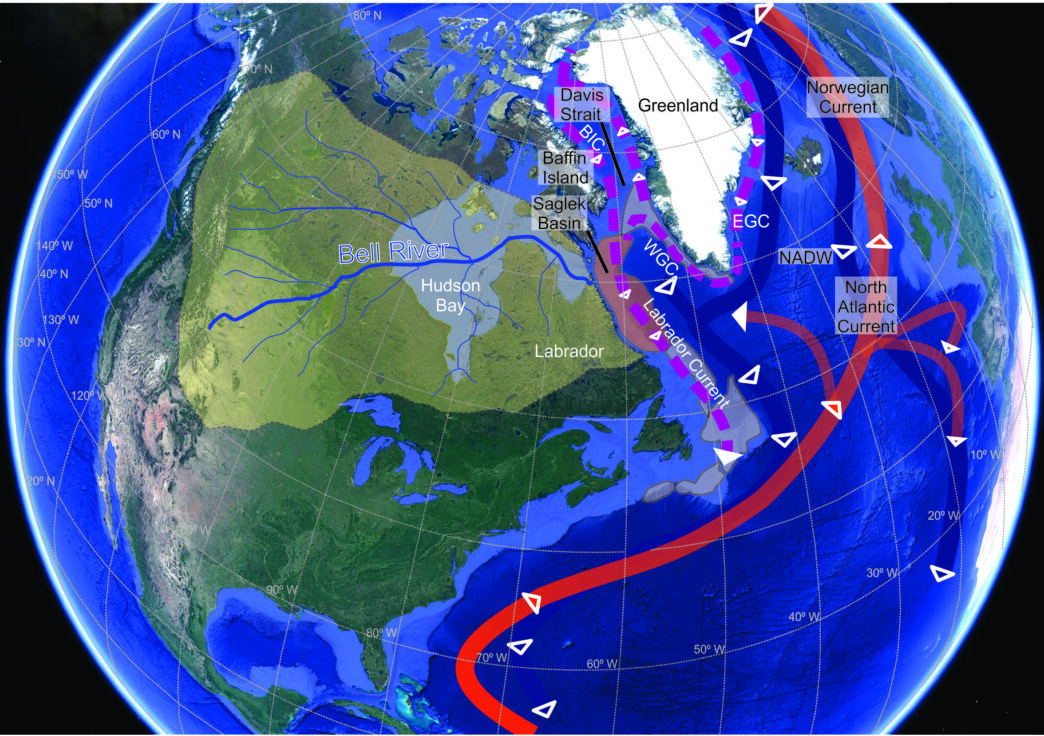 The map shows arrows where the Bell River might have flowed overlaying the Atlantic Ocean.