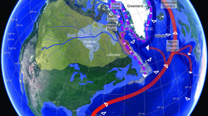The map shows arrows where the Bell River might have flowed overlaying the Atlantic Ocean.