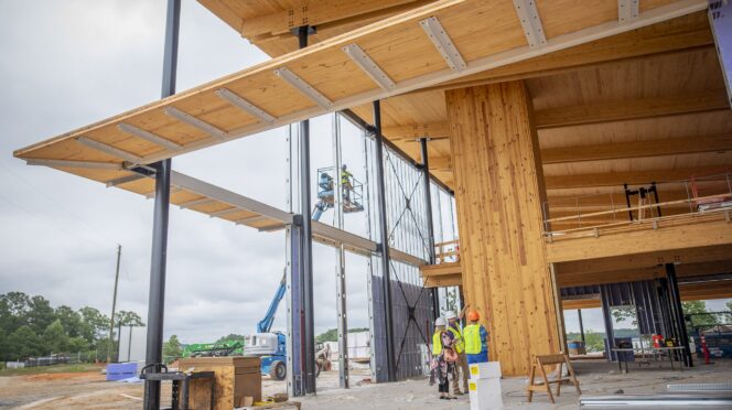 The Andy Quattlebaum Outdoor Education center under construction on the shore of Lake Hartwell.