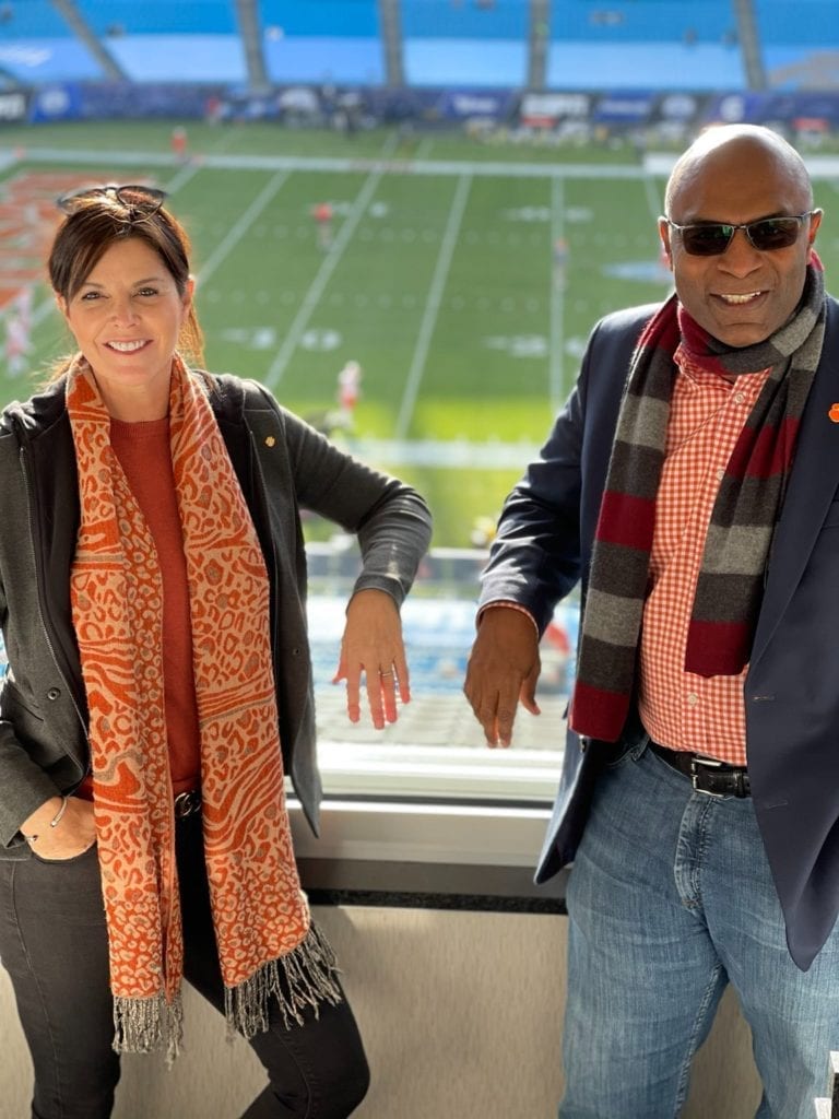 Kryssa Cooper of Student Affairs with Dr. Chris Miller at the 2020 ACC Championship game in Charlotte, N.C.
