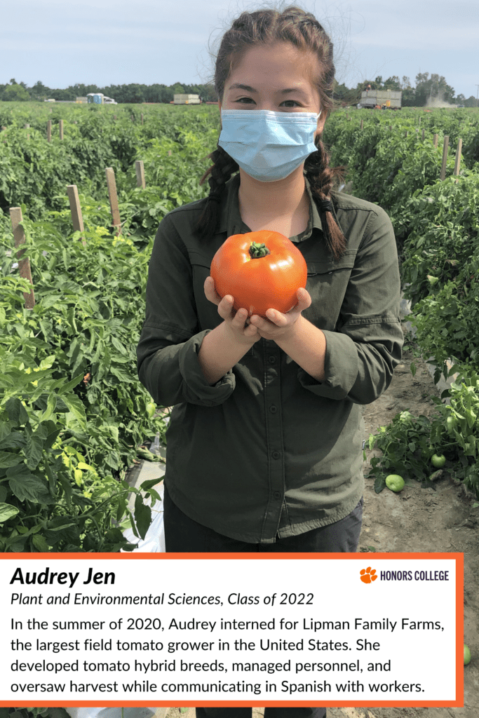 student in mask in field with tomato