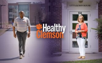 Photo composite of Clemson employees Reggie Hawthorne, Jan Bright with the Healthy Clemson logo between them