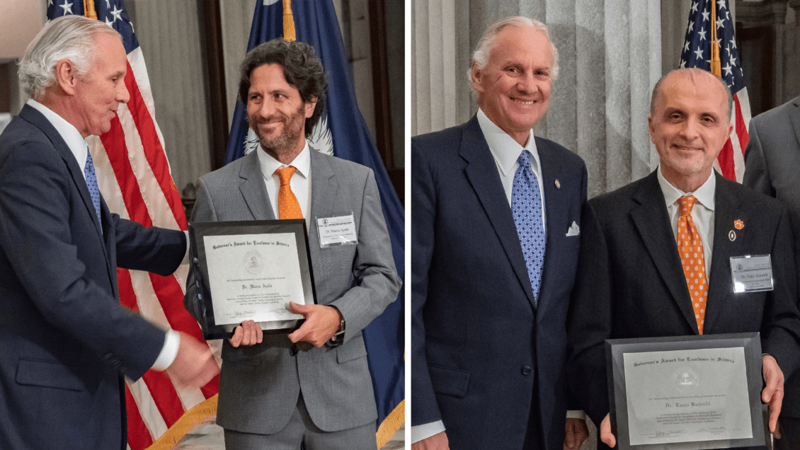 The image shows two images placed together. One is Gov. Henry McMaster with Marco Ajello of Clemson. The second is McMaster with Tanju Karanfil of Clemson and Bob Quinn of the South Carolina Research Authority.