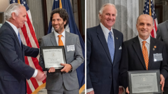 The image shows two images placed together. One is Gov. Henry McMaster with Marco Ajello of Clemson. The second is McMaster with Tanju Karanfil of Clemson and Bob Quinn of the South Carolina Research Authority.