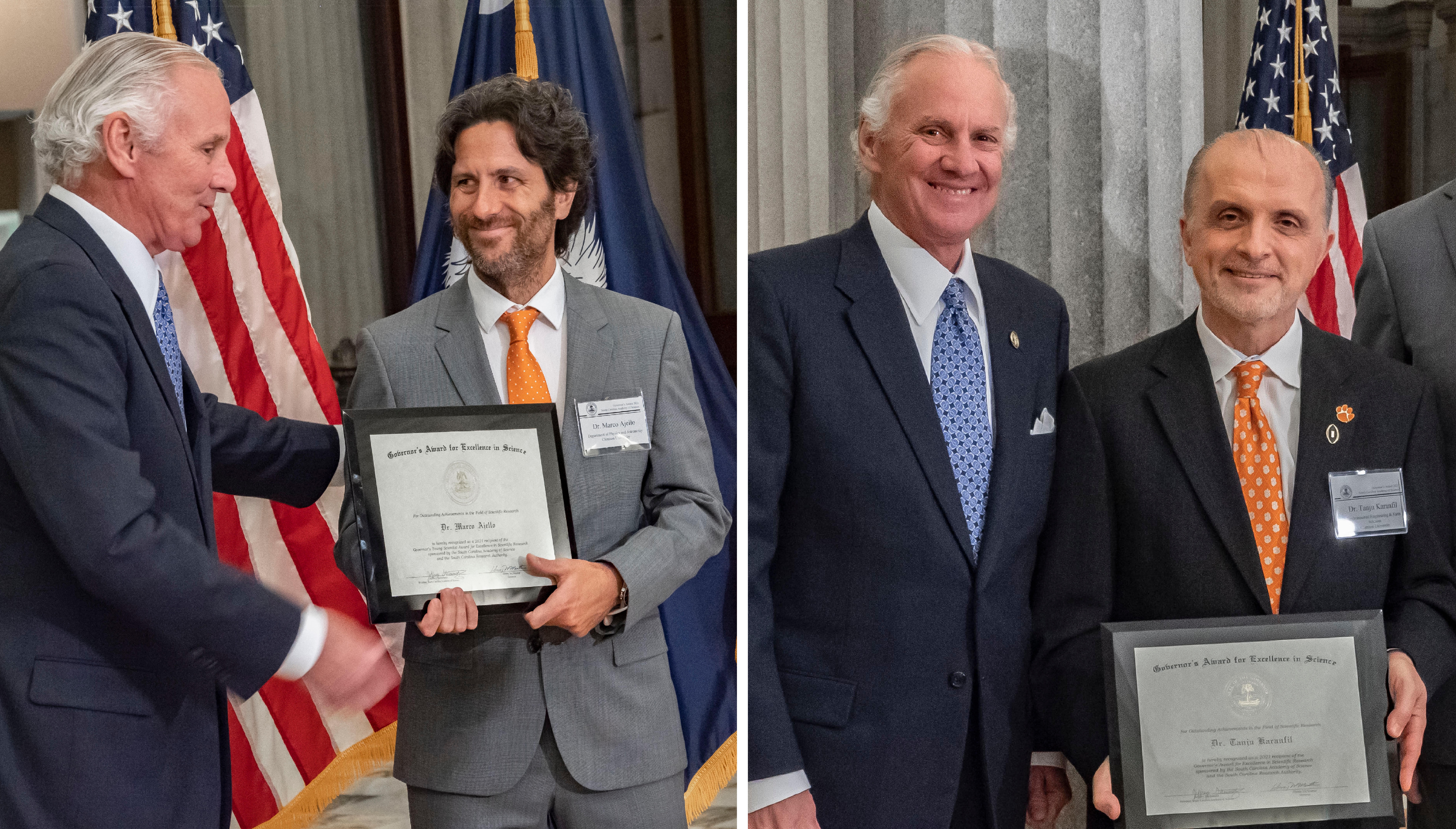 The image shows two images placed together. One is Gov. Henry McMaster with Marco Ajello of Clemson. The second is McMaster with Tanju Karanfil of Clemson and Bob Quinn of the South Carolina Research Authority.