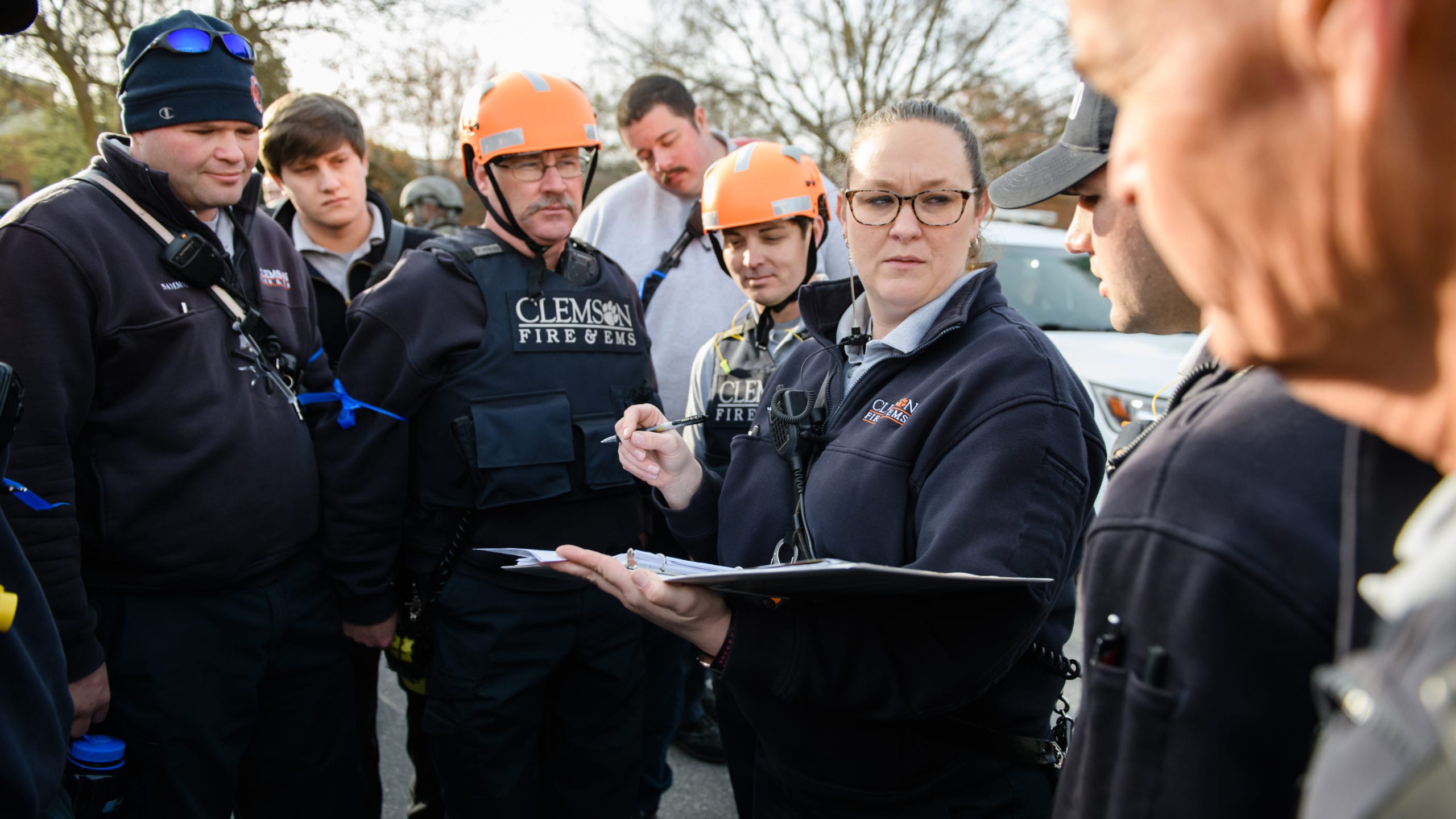 Jessica Landreth, a captain with Clemson University Fire & EMS, gives instructions to colleagues during a 2019 exercise