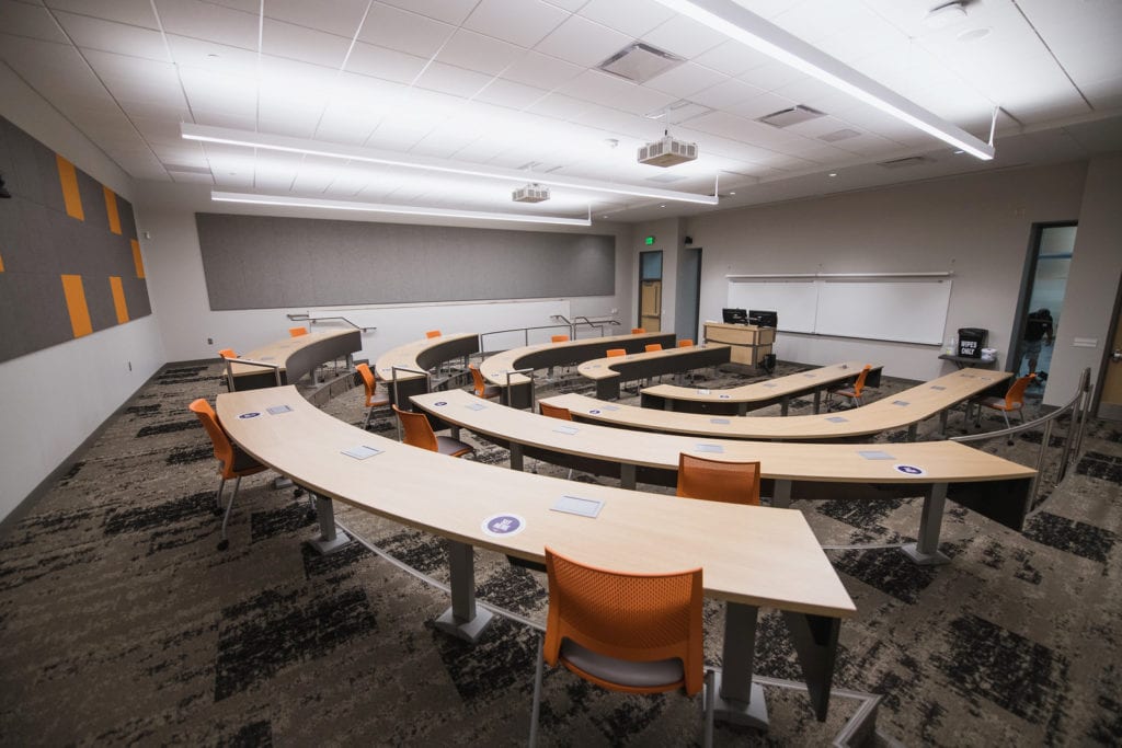 Interior shot of tables and chairs in Prater Classroom