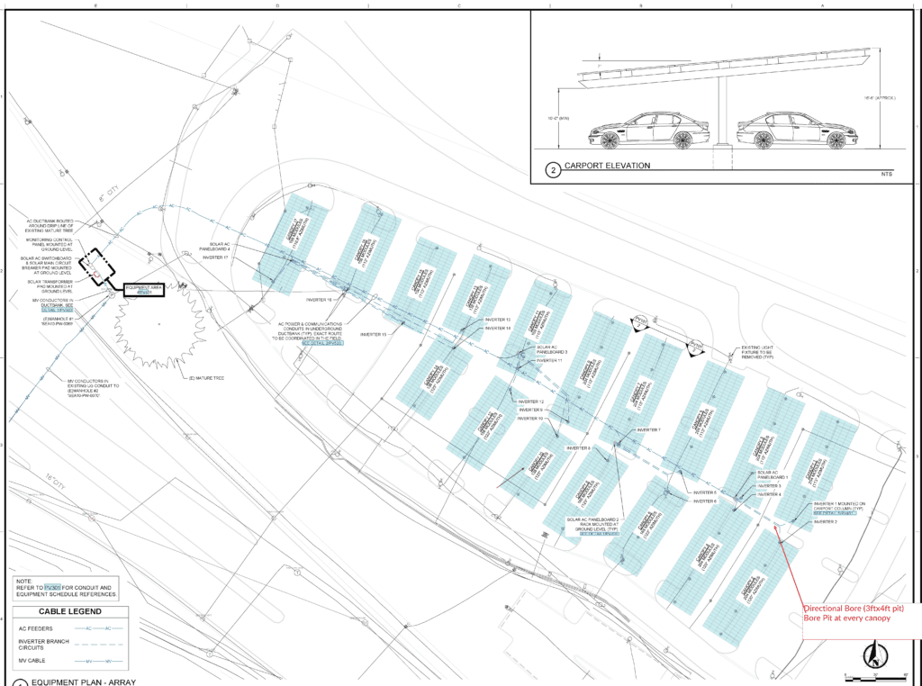 Image of the propose layout of the solar canopies in the R-6 parking lot.