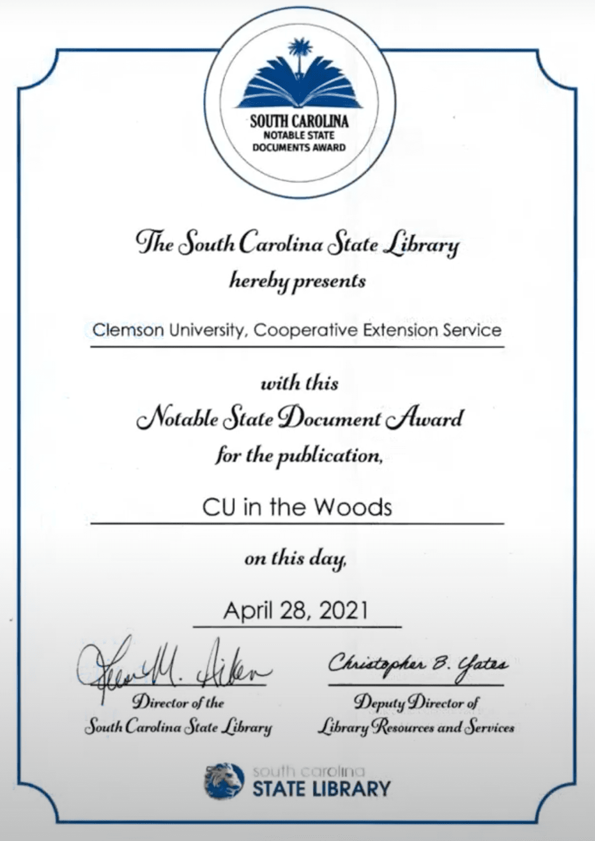 CU In The Woods State Document Award