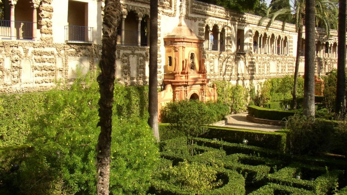 The Alcazar Gardens in Seville, Spain were the orchards of the palace in Moorish times, providing food for the royal court, as well as aesthetic value.