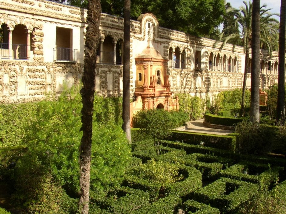 A walled garden with manicured pathways.