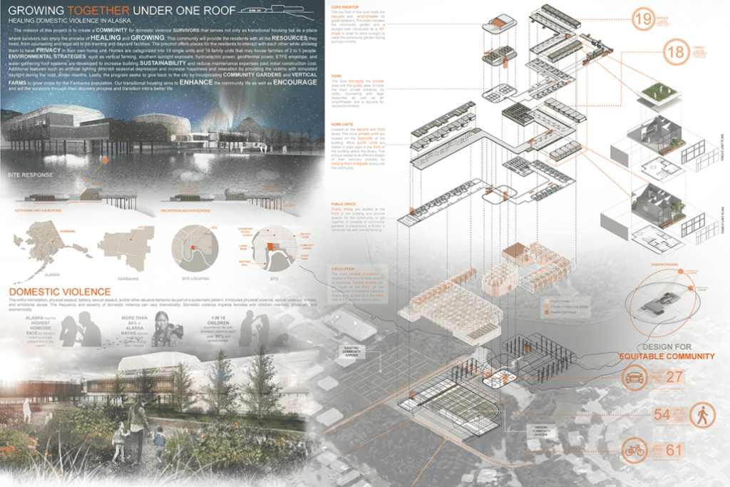 A project overview showing architectural designs, sketches, and text. 