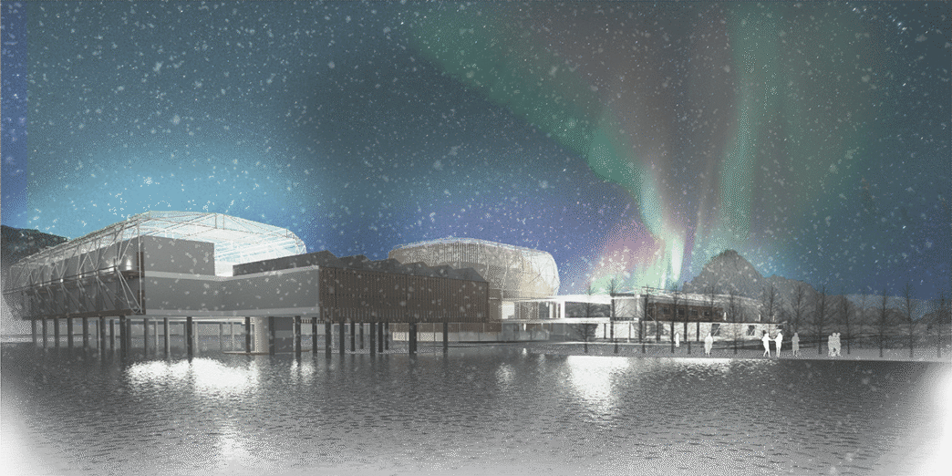 Architectural image of a sustainable community under the northern lights.