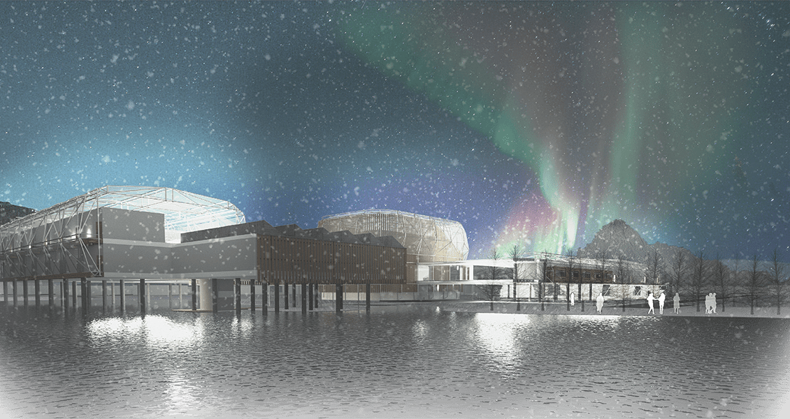Architectural image of a sustainable community under the northern lights.