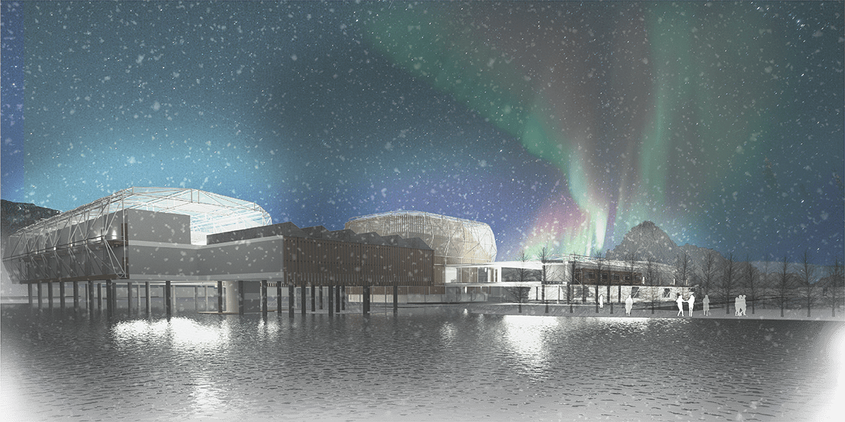 Architectural image of a sustainable community under the northern lights.