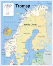 Map showing the location of the University of Tromsø in the Arctic Circle.