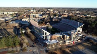 An aerial photograph of Clemson University's campus, including Memorial Stadium
