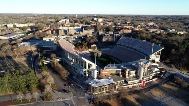 An aerial photograph of Clemson University's campus, including Memorial Stadium