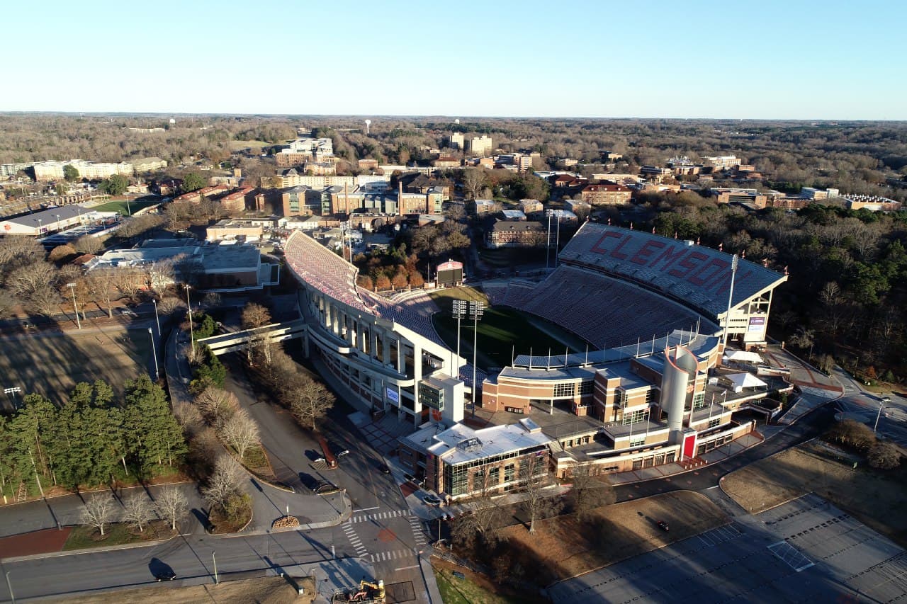 An aerial photograph of Clemson University's campus, including Memorial Stadium