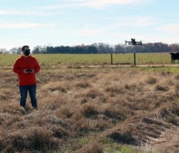 Clemson master's student Brendan MacInnis uses an unmanned aerial vehicle (UAV) to collect aerial images from a Clemson Simpson Research and Education Center pasture for developing crop surface models and vegetation indices of pasture fields.