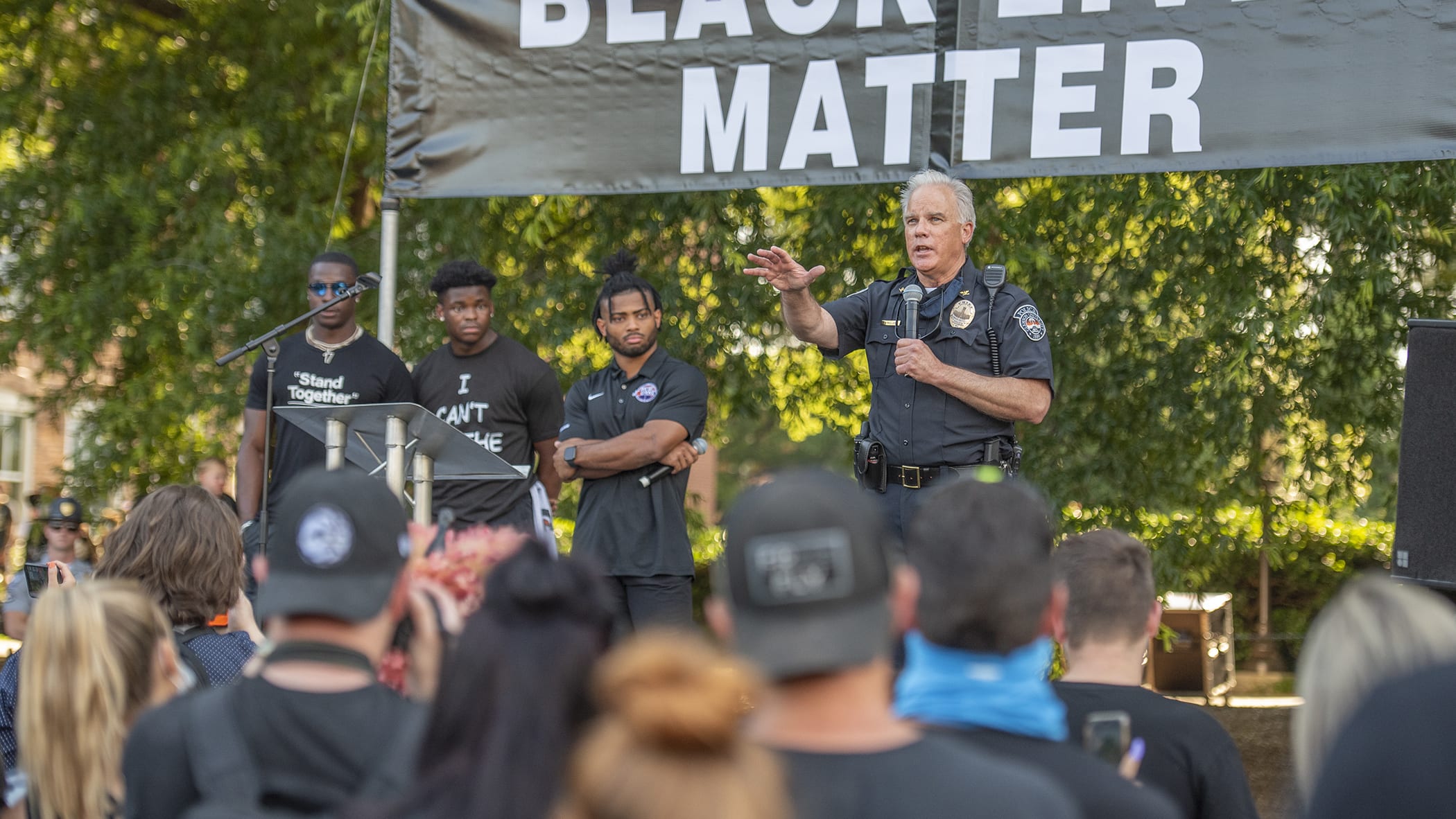 Chief Greg Mullen speaks during a peaceful community demonstration in June 2020