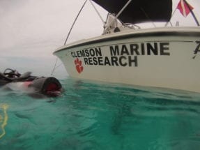 Clemson Marine Research boat in the ocean. 