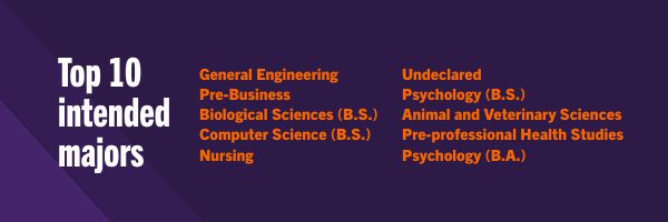 Purple and orange graphic that shows the Top 10 intended majors: General Engineering, Pre-Business, Biological Sciences (B.S.), Ccomputer Science (B.S.), Nursing, Undeclared, Psychcology (B.S.), Animal and Veterinary Sciences, Pre-professional Health Studies and Psychology (B.A.)