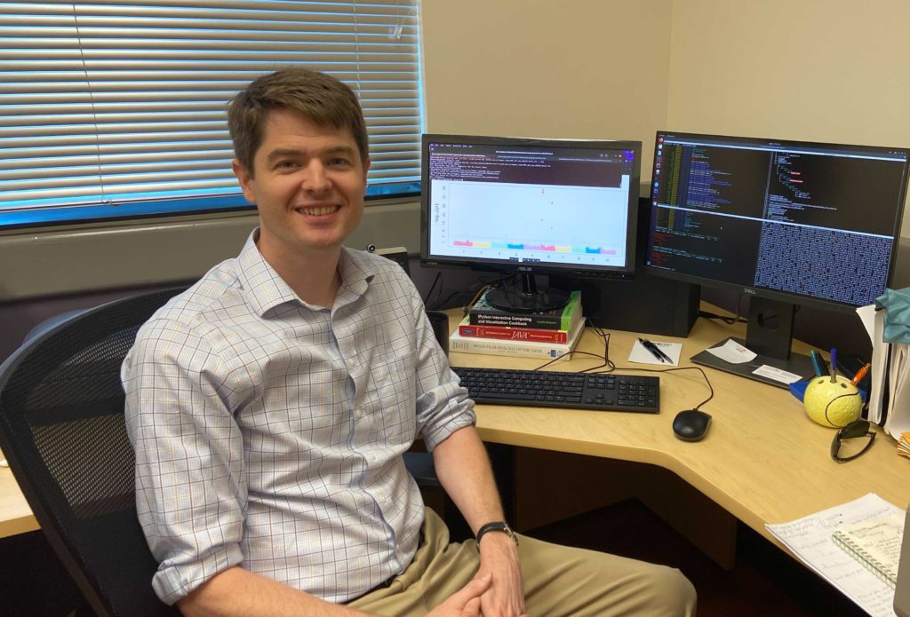 Clemson research assistant professor Lucas Boatwright performs bioinformatics to sequence lentil varieties and develop computer programs and genetic resources for research.