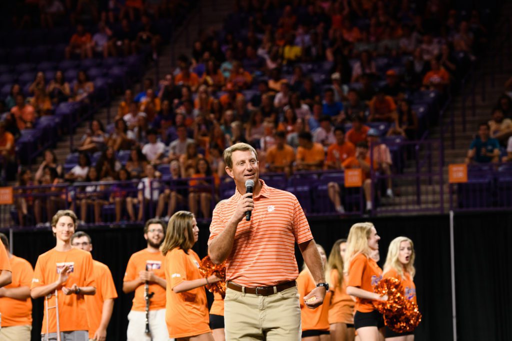 Head Football Coach Dabo Swinney addresses a group of first-year Clemson students in 2019