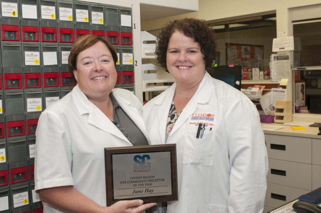 June Hay (left) and Ronda McWhorter pictured together in 2018 after Hay was named Upstate Pharmacist of the Year