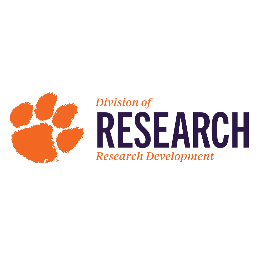 this image includes an orange Clemson tiger paw at the left with the words "Division of Research" written next to it. The words "Research Development" are written under "Division of Research"