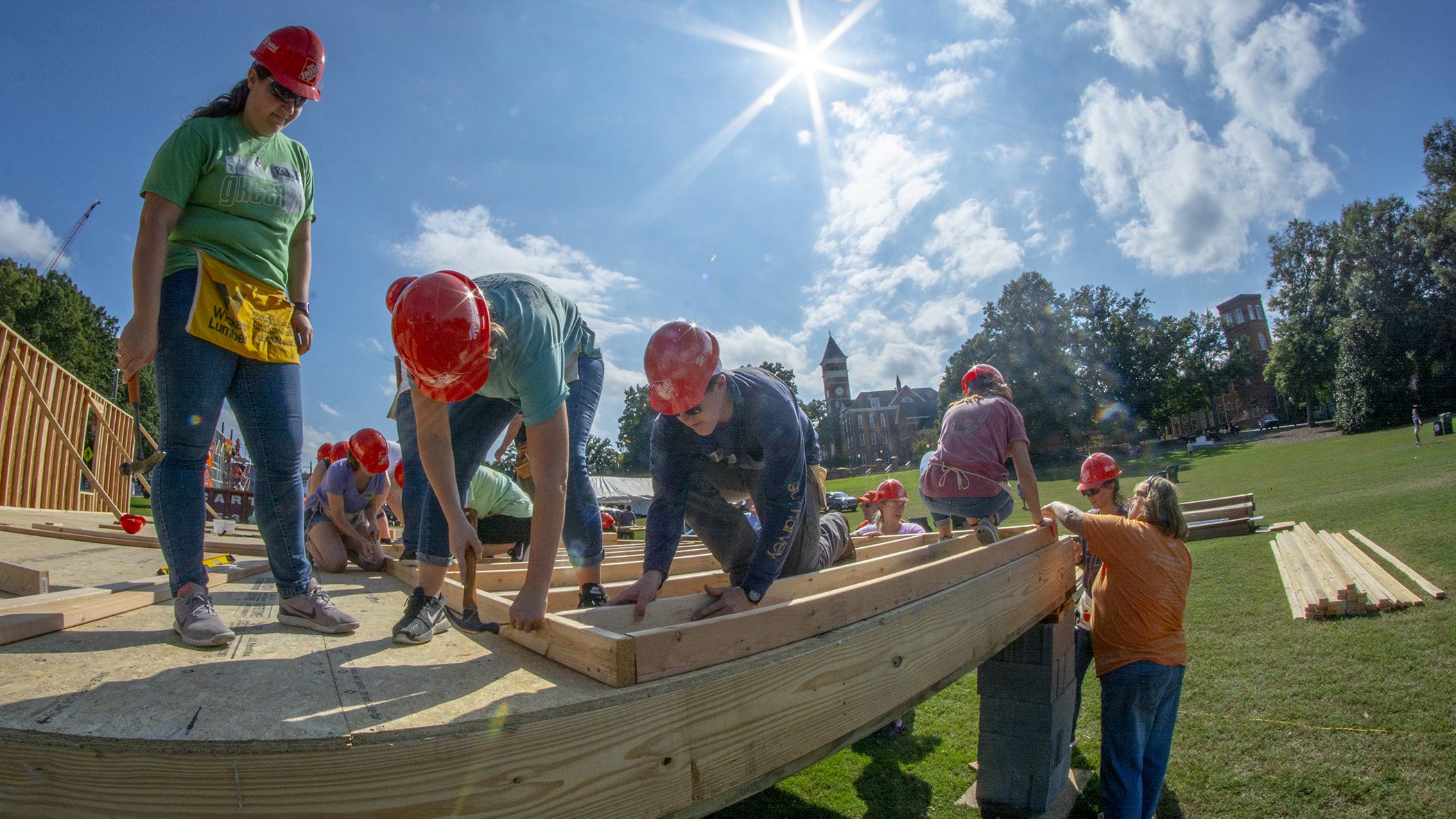 Clemson University students build a house for Habitat for Humanity on Bowman Field as part of Tigerama, Clemson’s homecoming event, Oct. 15, 2018. This was the 25th year student volunteers built a Habitat for Humanity house during homecoming.