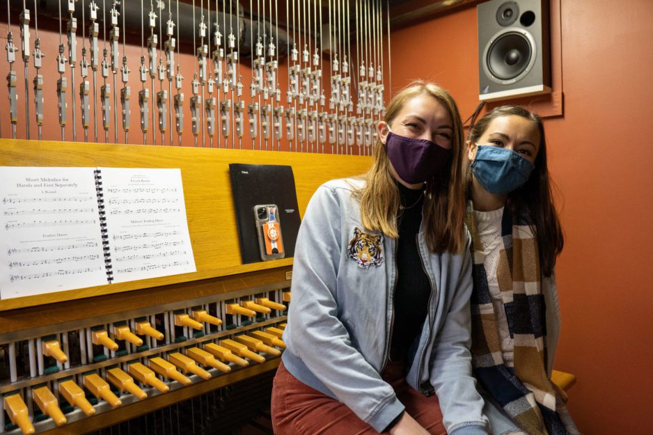 Morgan Usher and Bailey Gibson, two seniors learning to play the carillon bells