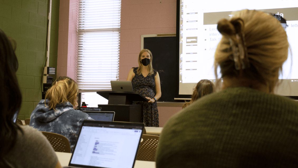 This photo shows Dr. Jordan Morehouse teaching her PR Writing students in class.