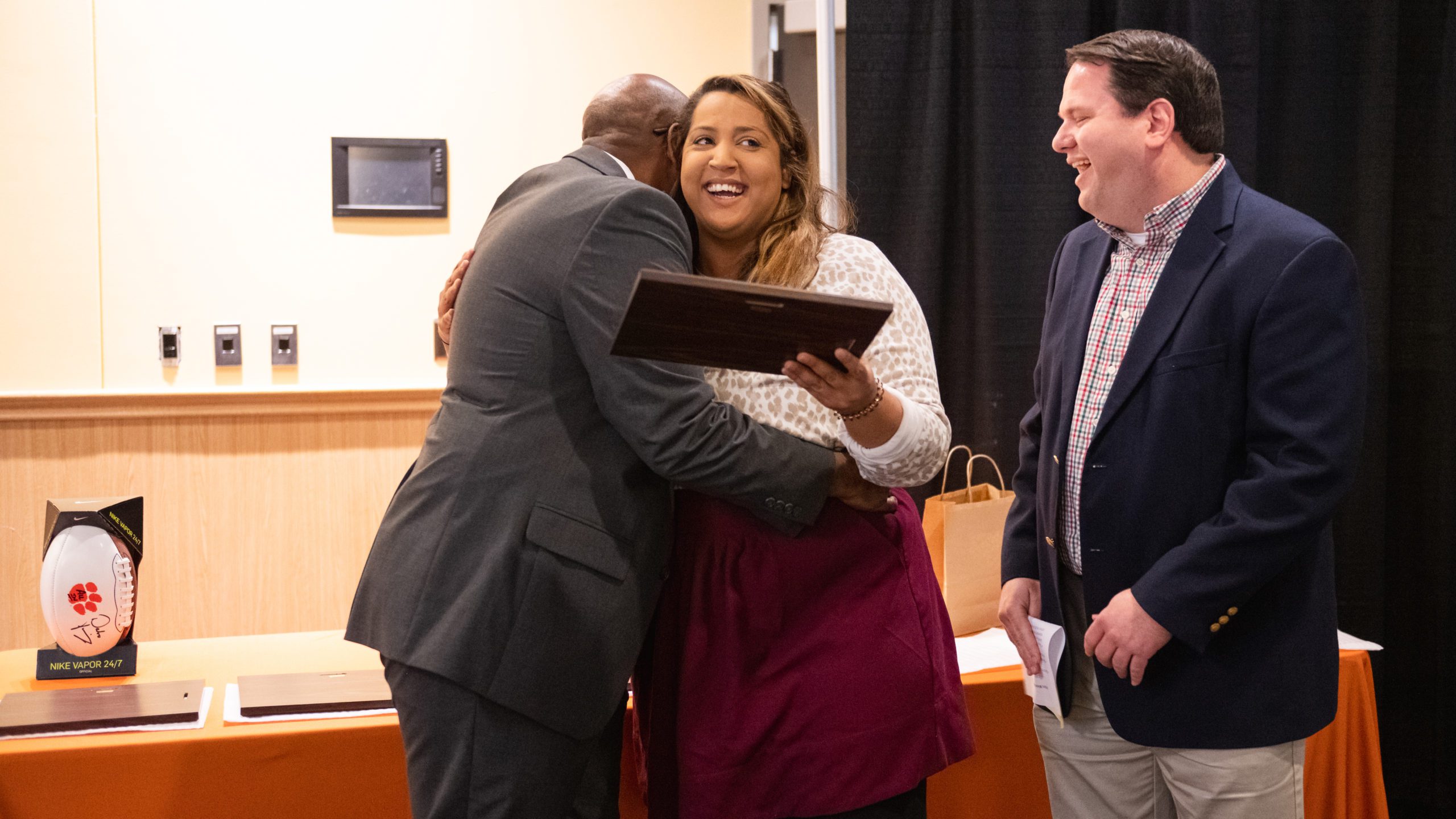 Trish Robinson of Fraternity and Sorority Life reacts after being named a staff excellence award winner in Student Affairs for 2021