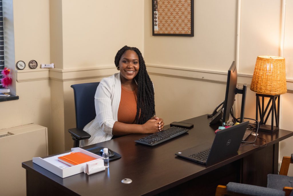 Bat'sé Smart, an interpersonal violence response coordinator at Clemson University, in her office at Sirrine Hall