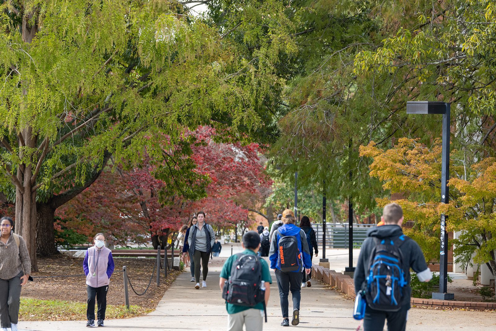 Clemson students walking on campus with leaves starting to change colors, signaling fall. Students on the president's list are happy the semester is coming to a close.