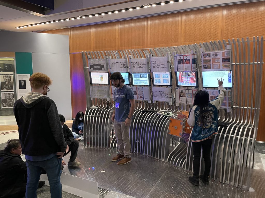An interactive display of screens and sensors represents an installation at the Smithsonian's National Museum of American History. 
