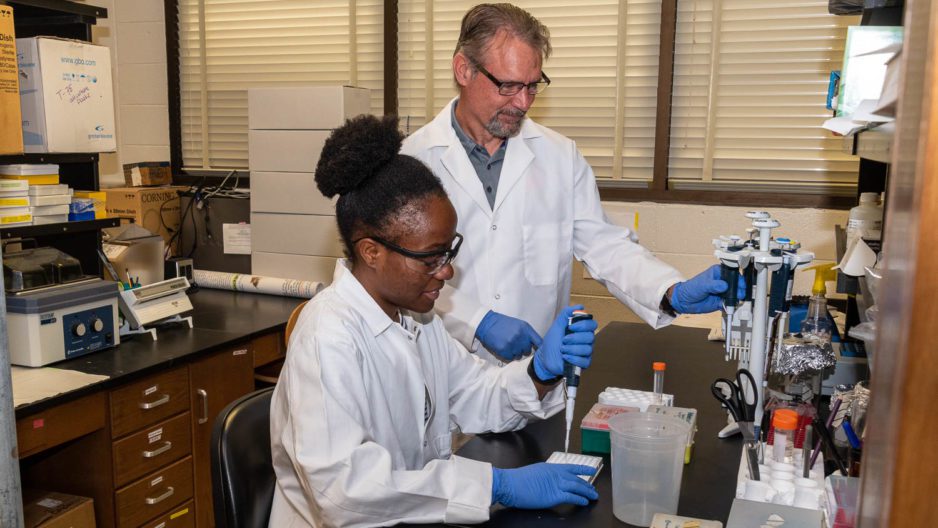 Student and Bill Baldwin working in lab at Clemson