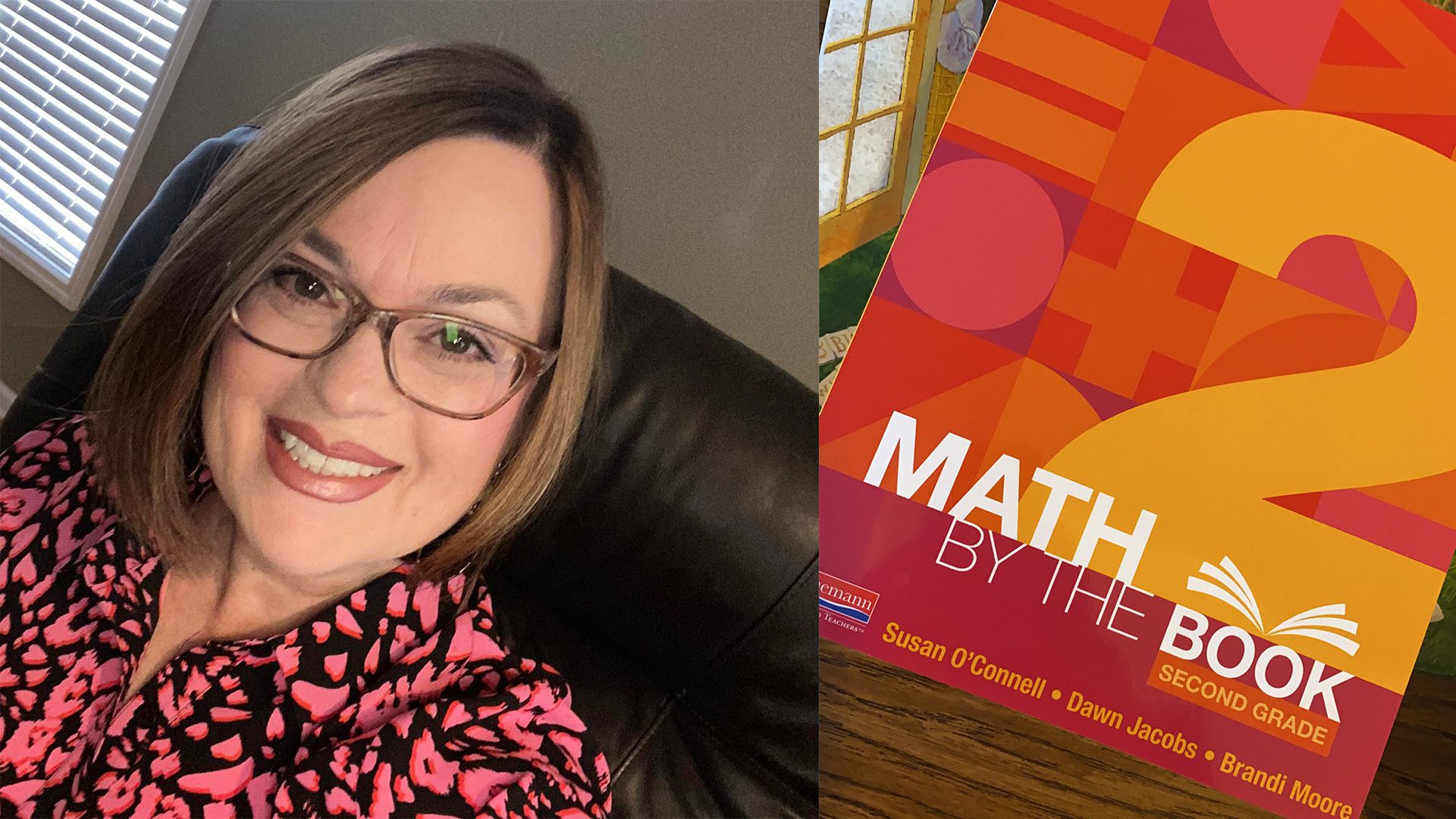 Head shot of Dawn Jacobs and front cover of Math by the Book