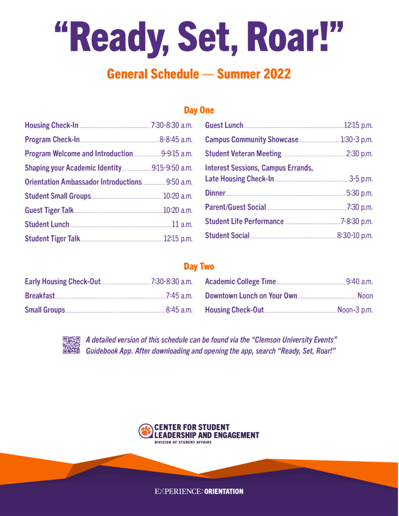 Image of a typical general session schedule for Ready, Set, Roar! Clemson's optional two-day Orientation experience for Summer 2022