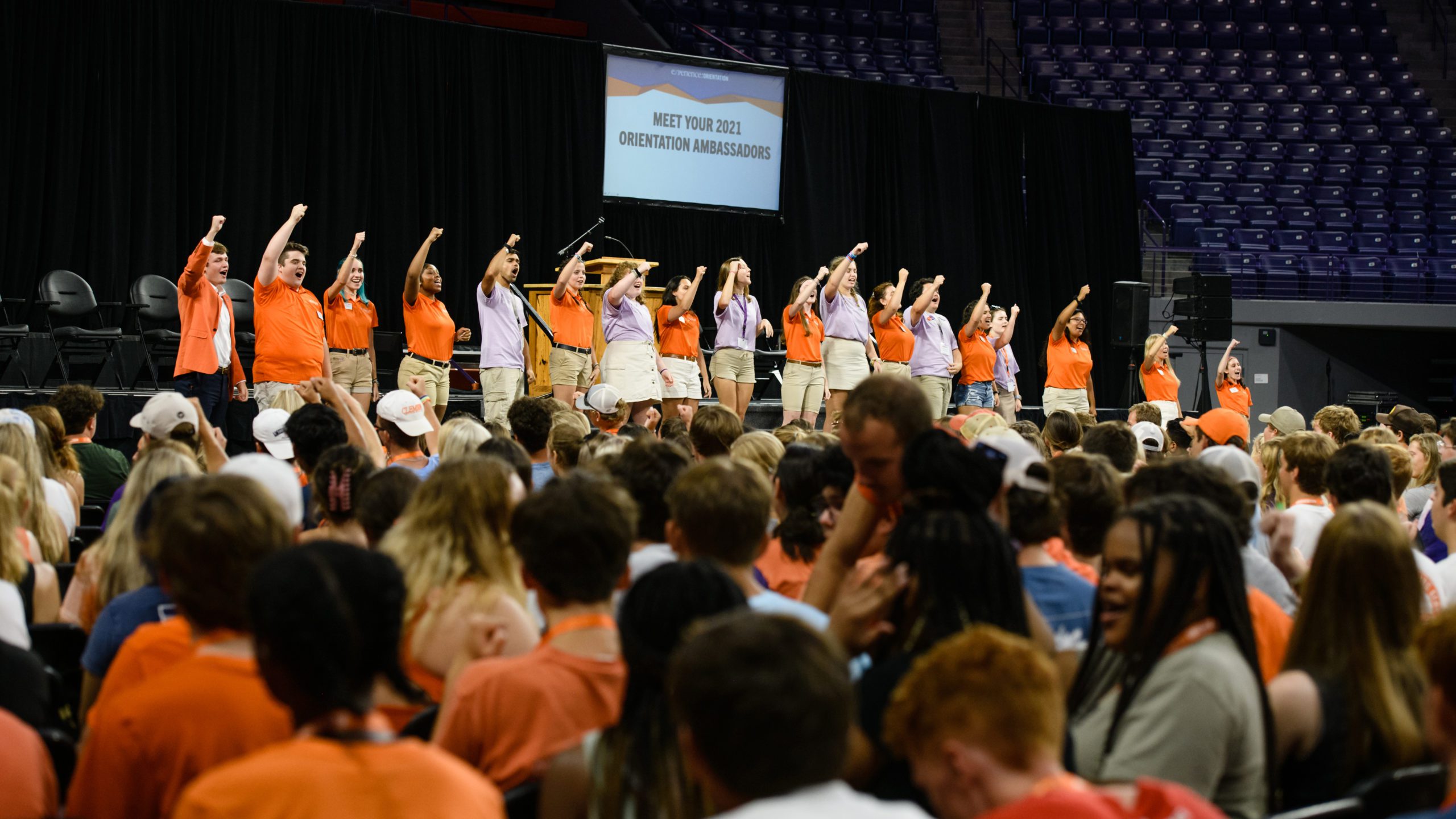Orientation Ambassadors lead new students through Convocation in August 2021
