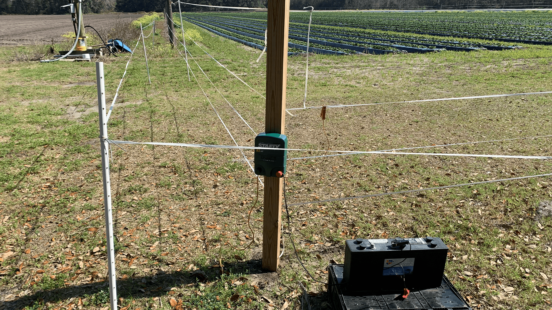 Two-tiered deer fencing around a field with a battery as a fence charger.