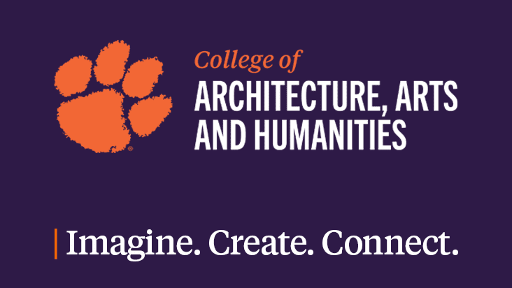College of Architecture, Arts and Humanities logo on a purple background. Motto, "Imagine. Create. Connect." is printed below the logo.