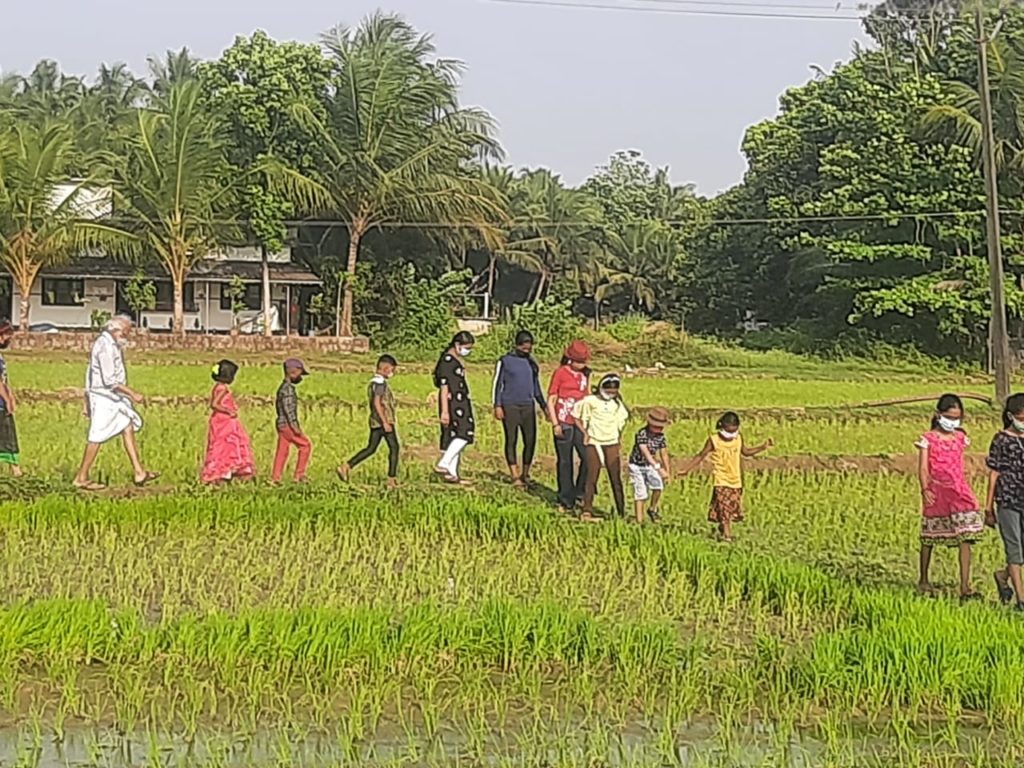 Children walk with a farmer in his rice field in the region of India where Clemson professor Sruthi Narayanan grew up