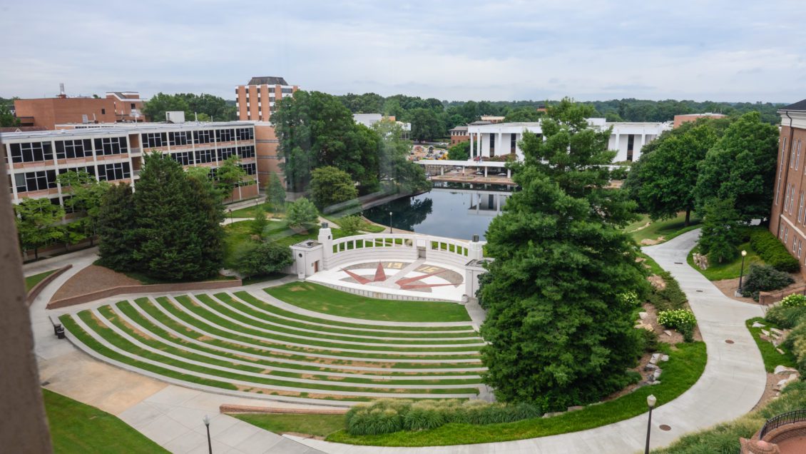 Aerial shot of Clemson's campus showing the amphitheater