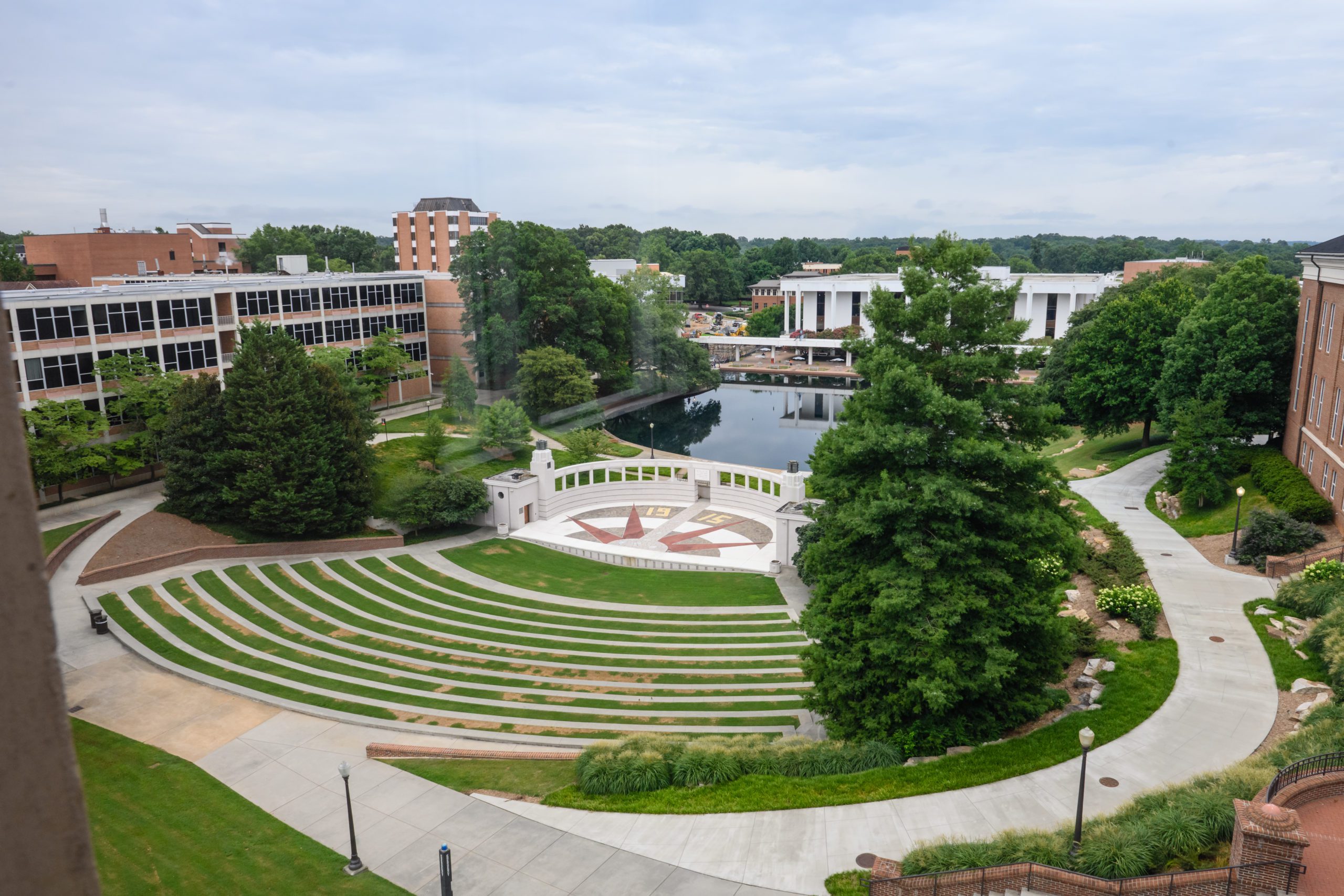Aerial shot of Clemson's campus showing the amphitheater